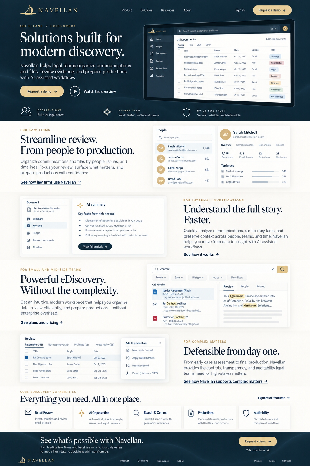 Solutions built for modern discovery. Explore the Navellan marketing preview for law firms, internal investigations, smaller teams, and complex matters.